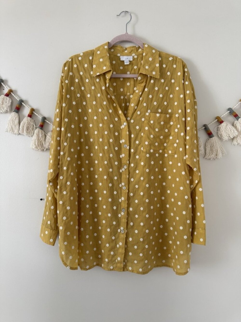 J. Jill Cotton Yellow Embroidered Polka Dot Button Down Relaxed Top Lightweight